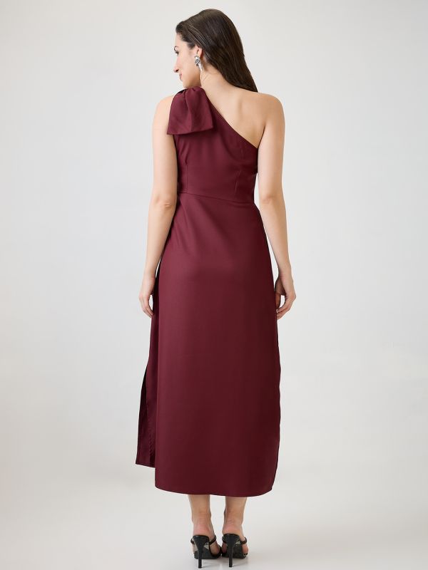 Globus Women Maroon One Shoulder Bow Detail Side Slit A-Line Maxi Party Dress
