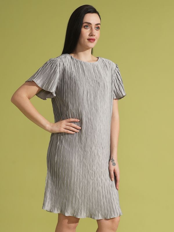 Globus Women Silver Textured Accordion Pleat Round Neck Flared Sleeves Sheath Party Dress