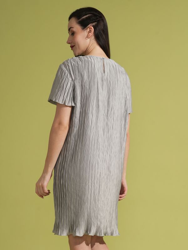 Globus Women Silver Textured Accordion Pleat Round Neck Flared Sleeves Sheath Party Dress