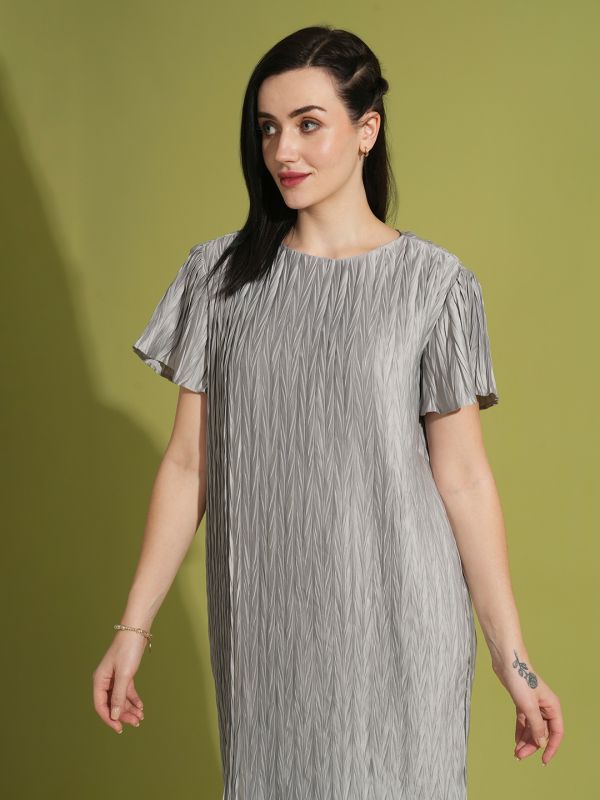 Globus Women Silver Textured Accordion Pleat Round Neck Flared Sleeves Sheath Party Dress