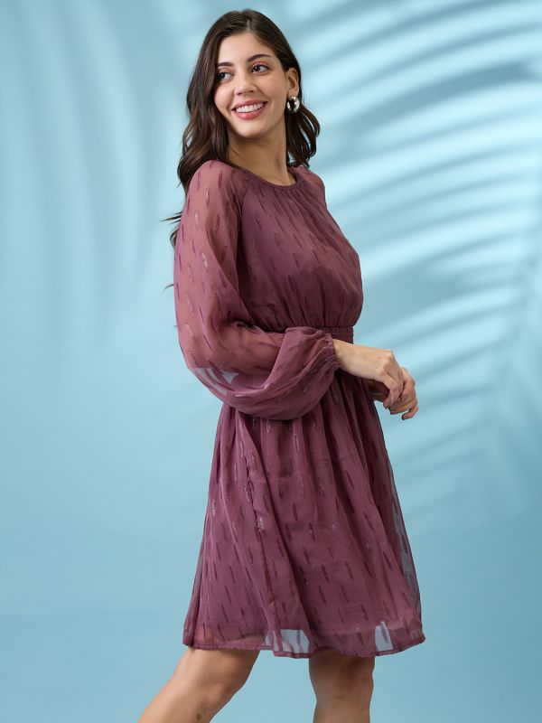 Globus Women Mauve Bishop Sleeves Self Design Georgette Sheen Smocked Mini Fit & Flare Party Dress