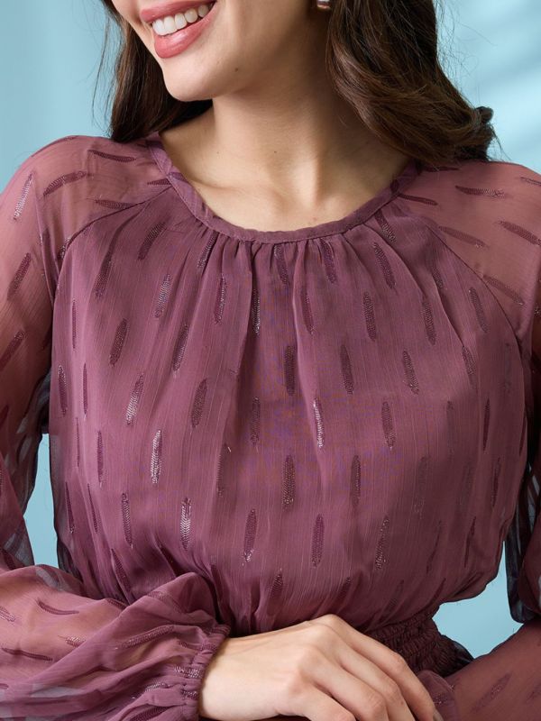 Globus Women Mauve Bishop Sleeves Self Design Georgette Sheen Smocked Mini Fit & Flare Party Dress