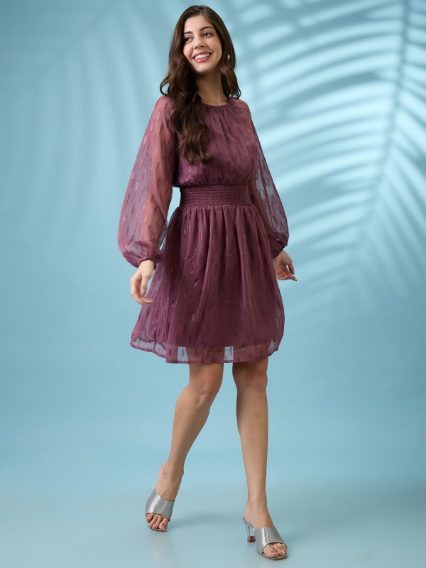 Globus Women Mauve Bishop Sleeves Self Design Georgette Sheen Smocked Mini Fit & Flare Party Dress