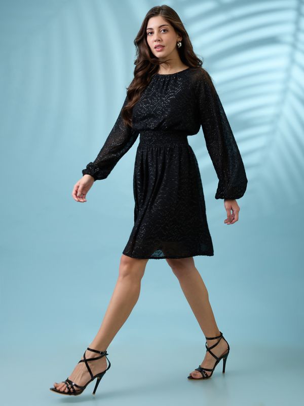 Globus Women Black Bishop Sleeves Self Design Georgette Sheen Smocked Mini Fit & Flare Party Dress