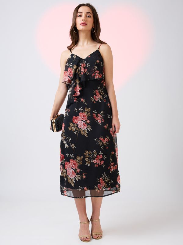 Globus Women Black V-Neck Strappy Shoulder Floral Print Ruffles Detail Midi A-Line Party Dress