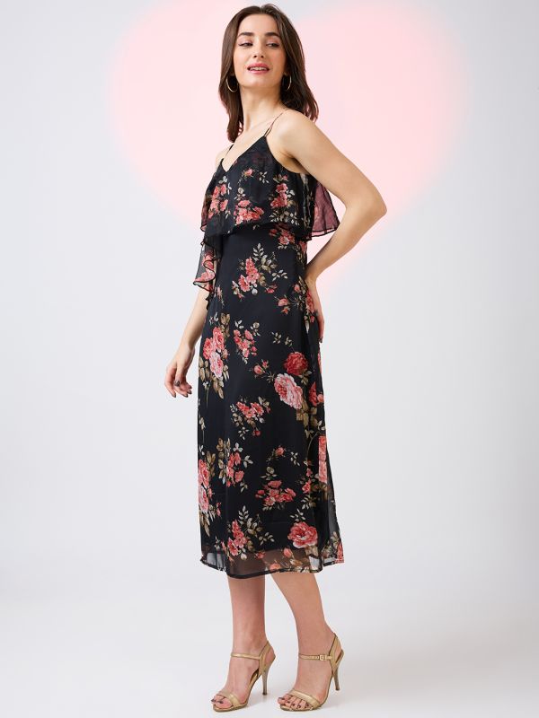 Globus Women Black V-Neck Strappy Shoulder Floral Print Ruffles Detail Midi A-Line Party Dress