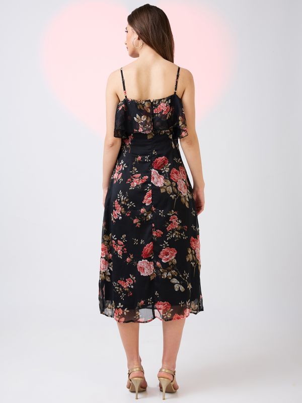 Globus Women Black V-Neck Strappy Shoulder Floral Print Ruffles Detail Midi A-Line Party Dress