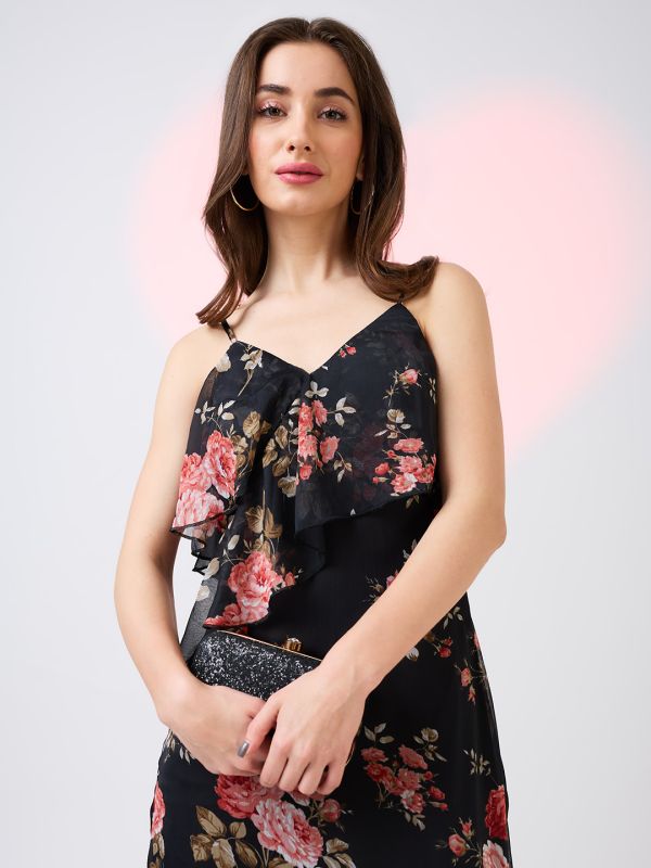 Globus Women Black V-Neck Strappy Shoulder Floral Print Ruffles Detail Midi A-Line Party Dress