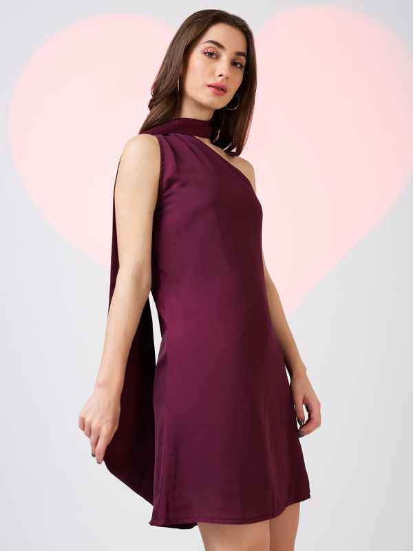 Globus Women Burgundy Scarf Drape Neck One Shoulder Solid Mini A-Line Party Dress