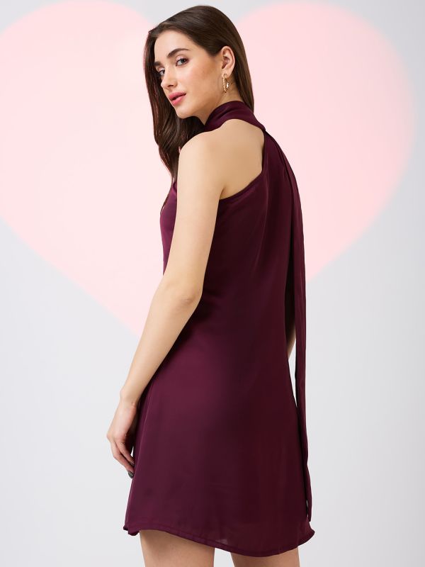 Globus Women Burgundy Scarf Drape Neck One Shoulder Solid Mini A-Line Party Dress