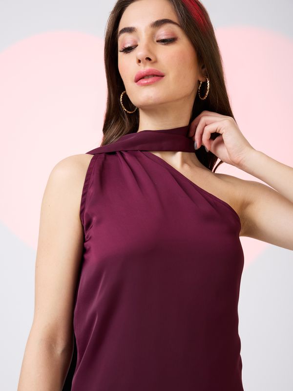 Globus Women Burgundy Scarf Drape Neck One Shoulder Solid Mini A-Line Party Dress