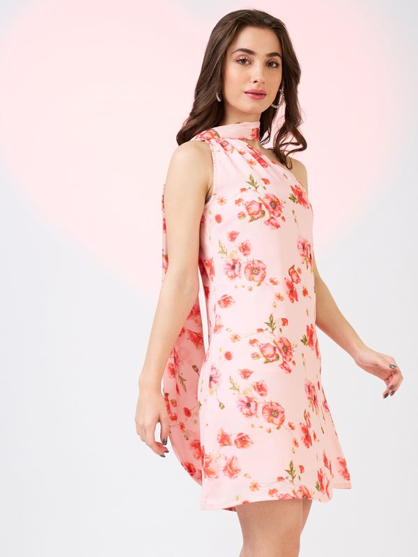 Globus Women Pink Scarf Drape Neck One Shoulder Floral Print Mini A-Line Party Dress