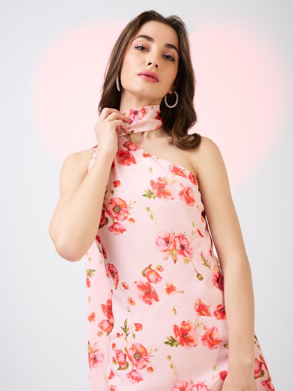 Globus Women Pink Scarf Drape Neck One Shoulder Floral Print Mini A-Line Party Dress