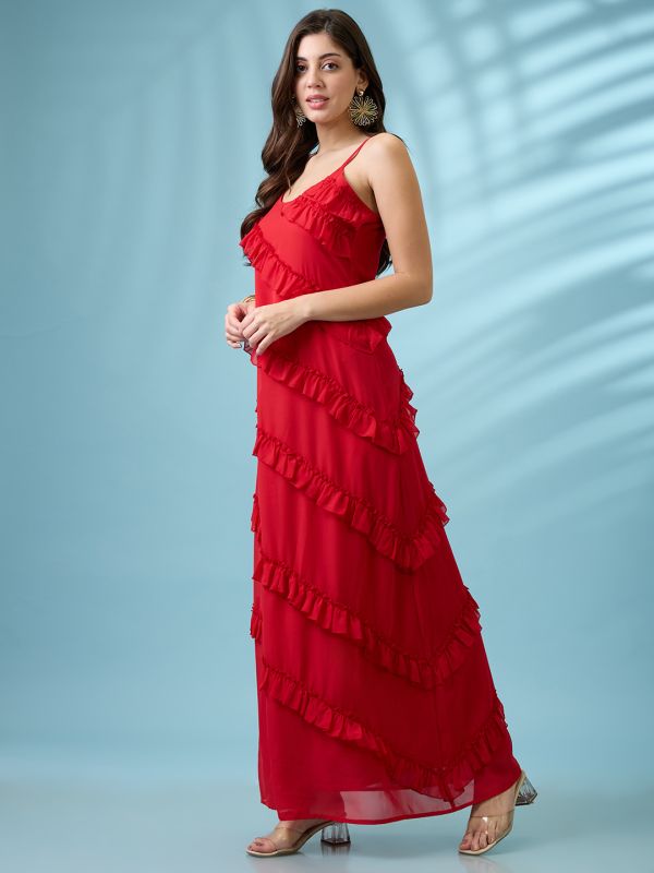 Globus Women Red Scoop Neck Strappy Sleeves Ruffle Detail Georgette A-Line Maxi Party Dress