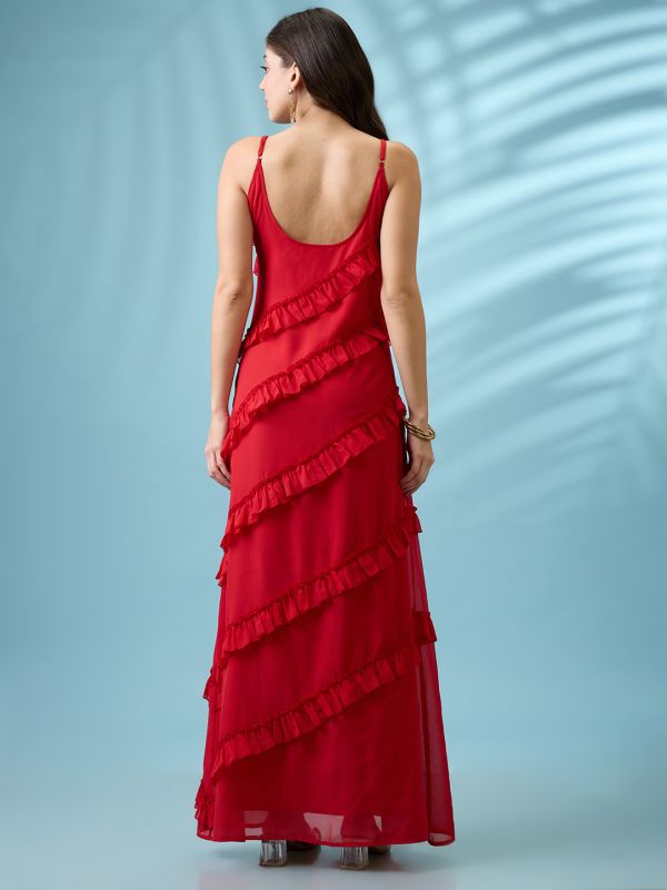 Globus Women Red Scoop Neck Strappy Sleeves Ruffle Detail Georgette A-Line Maxi Party Dress