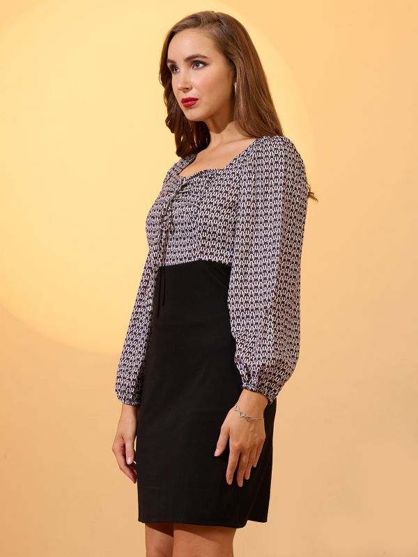 Globus Women Beige Sweetheart Neck Bishop Sleeves Abstract Print Ruched Detail Mini Bodycon Workwear Dress