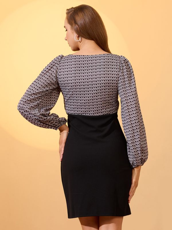 Globus Women Beige Sweetheart Neck Bishop Sleeves Abstract Print Ruched Detail Mini Bodycon Workwear Dress