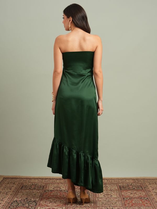 Globus Women Green Off-Shoulder Solid Pleated & Ruffle Detail Satin A-Line Maxi Party Dress