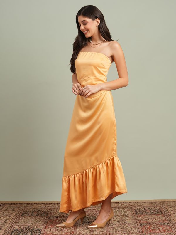 Globus Women Yellow Off-Shoulder Solid Pleated & Ruffle Detail Satin A-Line Maxi Party Dress