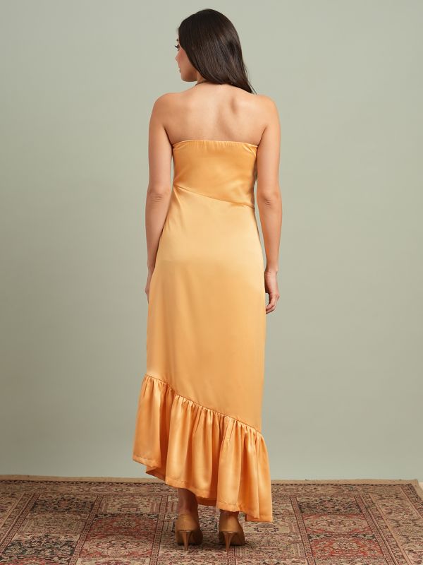 Globus Women Yellow Off-Shoulder Solid Pleated & Ruffle Detail Satin A-Line Maxi Party Dress