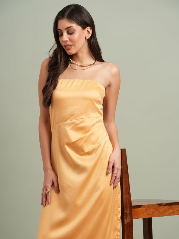 Globus Women Yellow Off-Shoulder Solid Pleated & Ruffle Detail Satin A-Line Maxi Party Dress