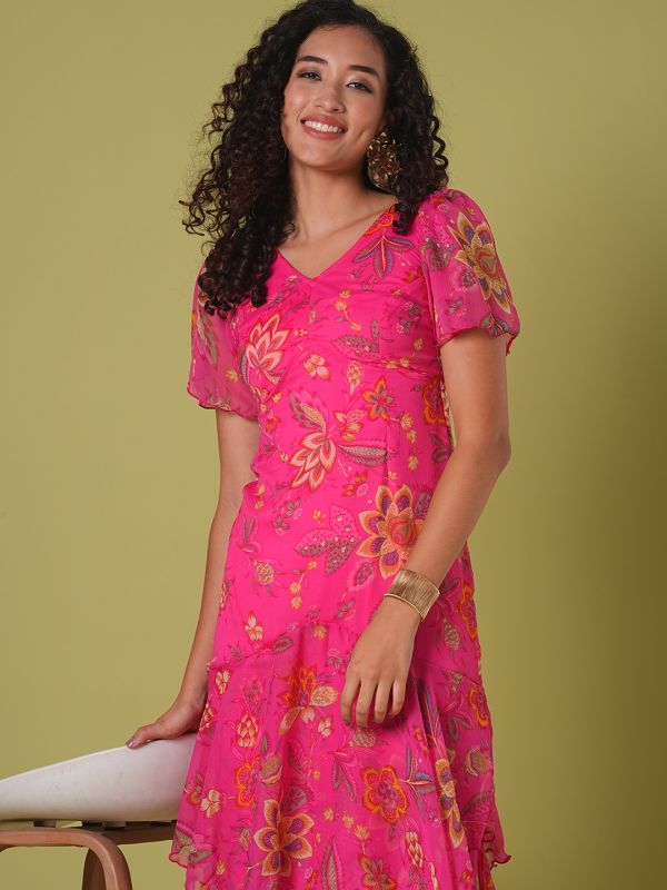 Globus Women Pink V-Neck Flared Sleeves Floral Print Layered Fit & Flare Maxi Party Dress
