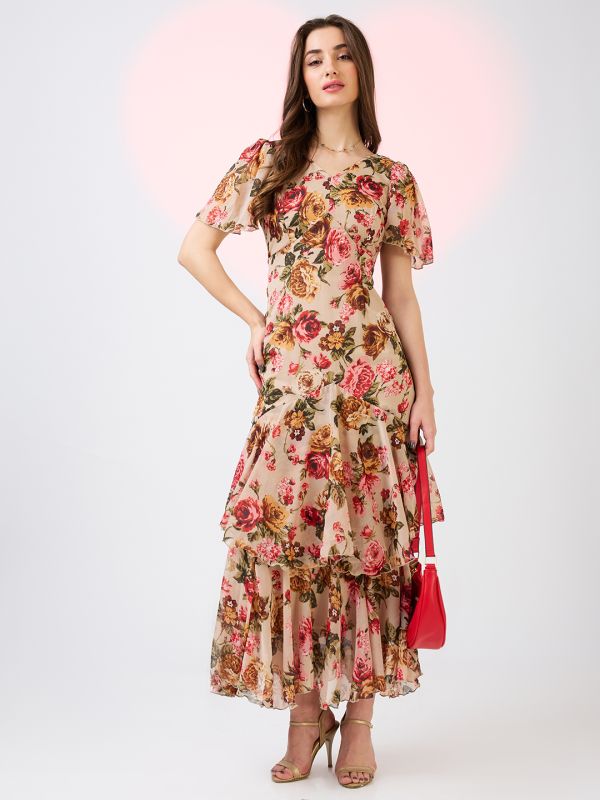 Globus Women Beige V-Neck Flared Sleeves Floral Print Layered Fit & Flare Maxi Party Dress