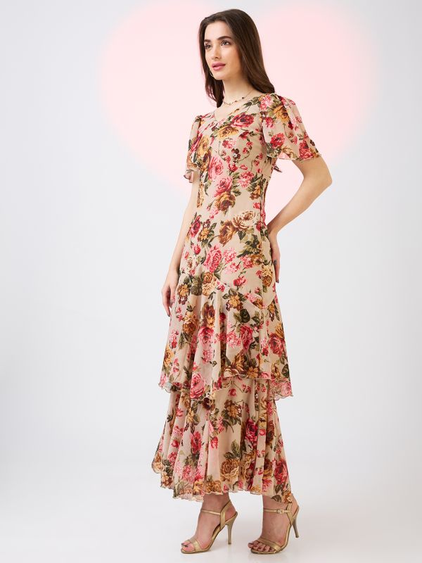 Globus Women Beige V-Neck Flared Sleeves Floral Print Layered Fit & Flare Maxi Party Dress