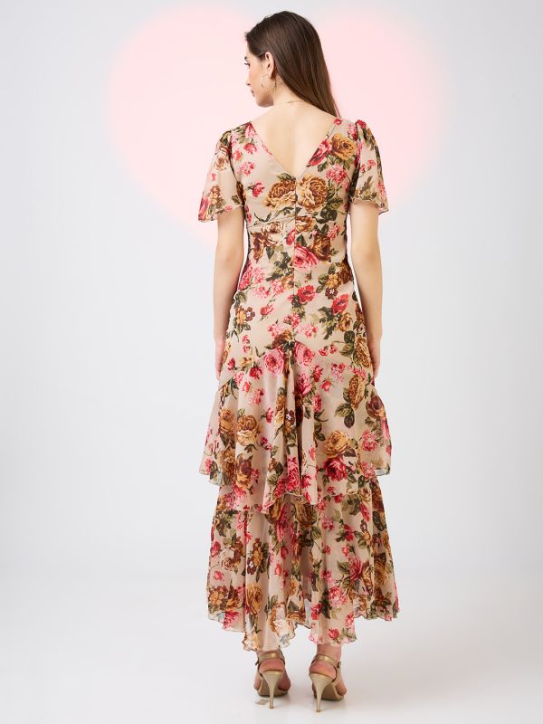 Globus Women Beige V-Neck Flared Sleeves Floral Print Layered Fit & Flare Maxi Party Dress