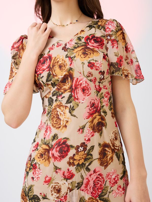 Globus Women Beige V-Neck Flared Sleeves Floral Print Layered Fit & Flare Maxi Party Dress