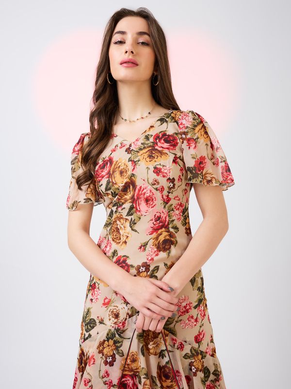 Globus Women Beige V-Neck Flared Sleeves Floral Print Layered Fit & Flare Maxi Party Dress