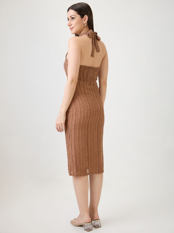 Globus Women Brown Georgette Self design Halter Tie-Up Neck Smocked Midi Bodycon Party Dress