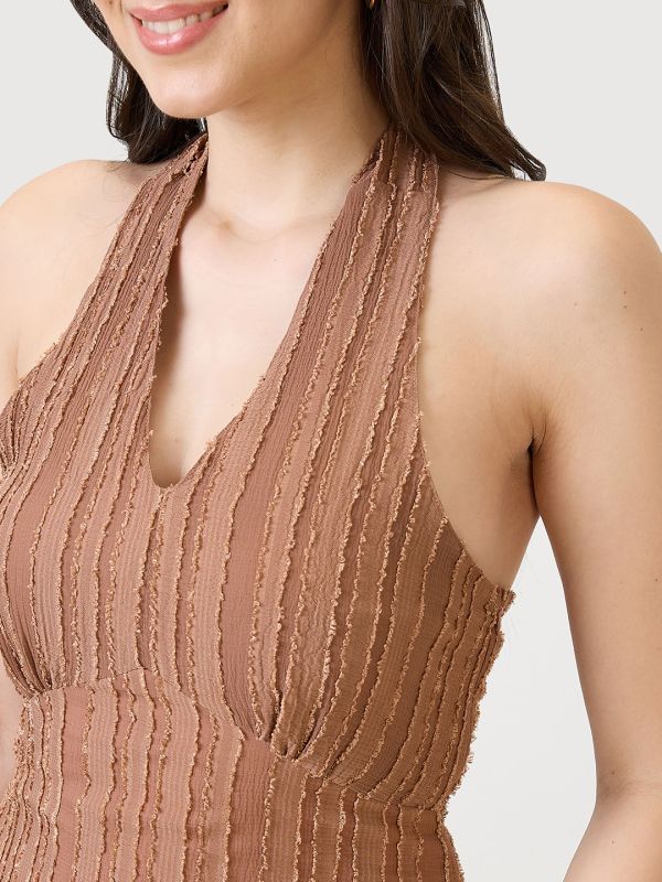 Globus Women Brown Georgette Self design Halter Tie-Up Neck Smocked Midi Bodycon Party Dress