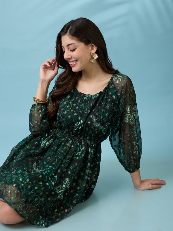 Globus Women Green Reglan Sleeves Stylized Back Floral Printed Lurex Detail Fit & Flare Mini Georgette Party Dress