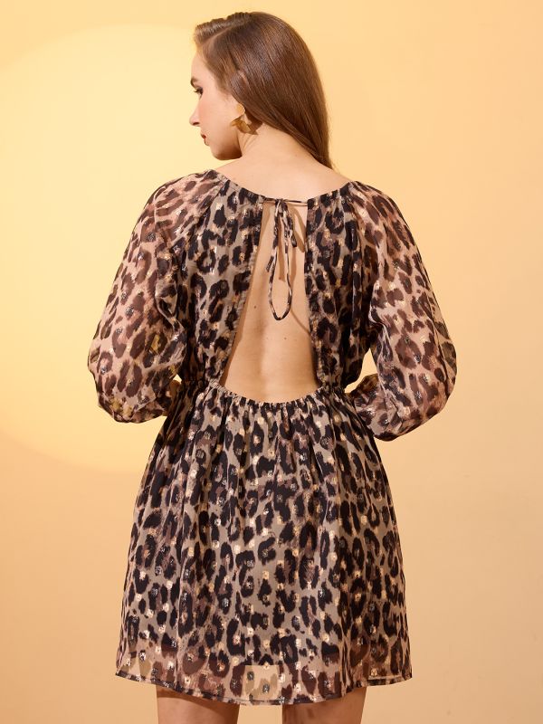 Globus Women Brown Round Neck Raglan Sleeves Animal Print Stylised Back Lurex Detail Mini Fit & Flare Dress