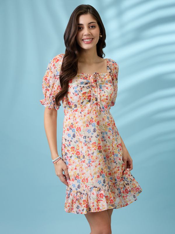 Globus Women White Allover Floral Printed  Square Neck Puff Sleeves Ruched Detail Georgette Ruffle Hem Mini Party Dress