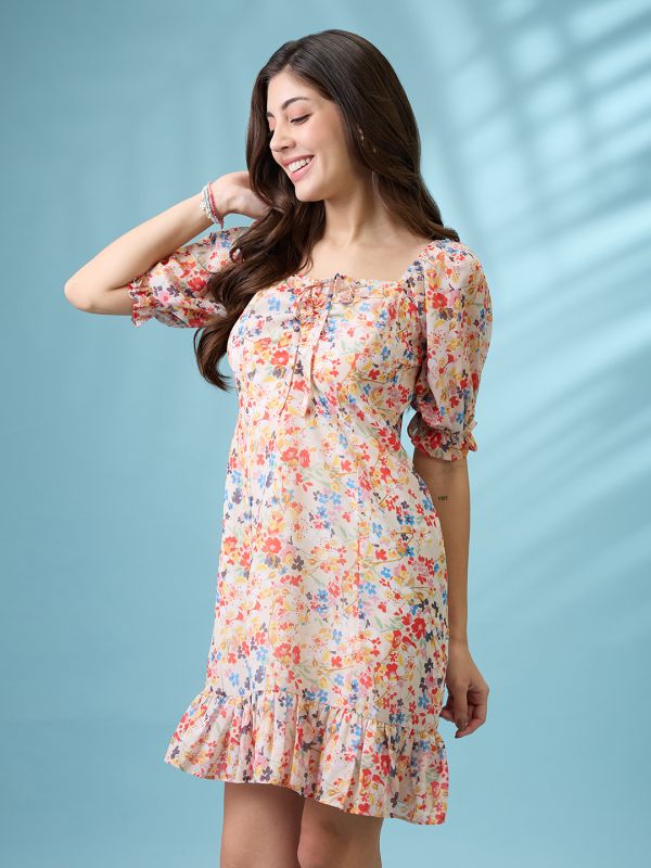 Globus Women White Allover Floral Printed  Square Neck Puff Sleeves Ruched Detail Georgette Ruffle Hem Mini Party Dress