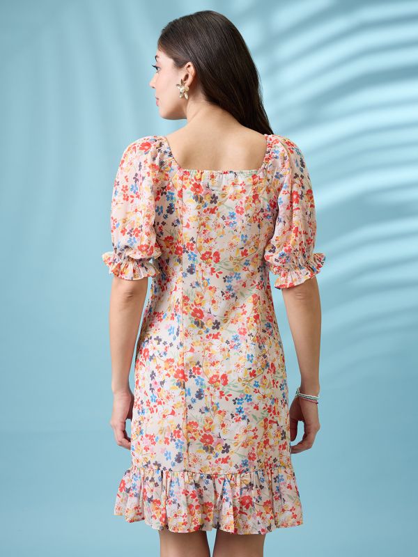 Globus Women White Allover Floral Printed  Square Neck Puff Sleeves Ruched Detail Georgette Ruffle Hem Mini Party Dress
