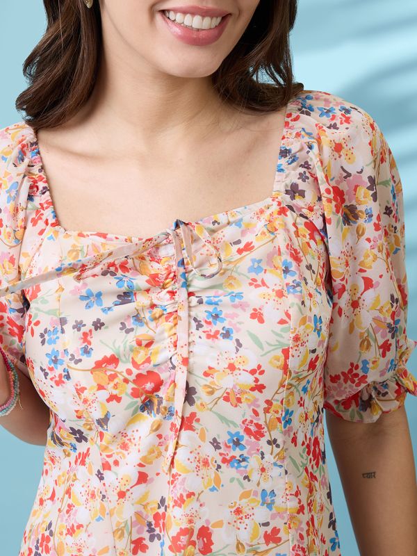 Globus Women White Allover Floral Printed  Square Neck Puff Sleeves Ruched Detail Georgette Ruffle Hem Mini Party Dress
