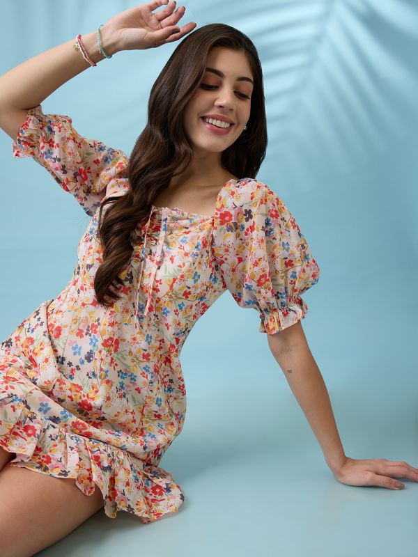 Globus Women White Allover Floral Printed  Square Neck Puff Sleeves Ruched Detail Georgette Ruffle Hem Mini Party Dress