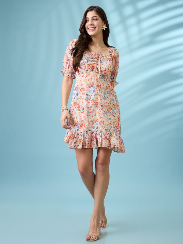 Globus Women White Allover Floral Printed  Square Neck Puff Sleeves Ruched Detail Georgette Ruffle Hem Mini Party Dress