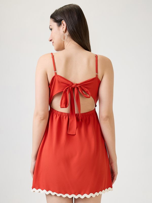 Globus Women Orange Square Neck Strappy Sleeves Stylized Tie Back Detail Scalloped Hem Fit & Flare Mini Party Dress