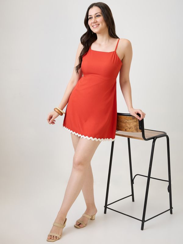 Globus Women Orange Square Neck Strappy Sleeves Stylized Tie Back Detail Scalloped Hem Fit & Flare Mini Party Dress