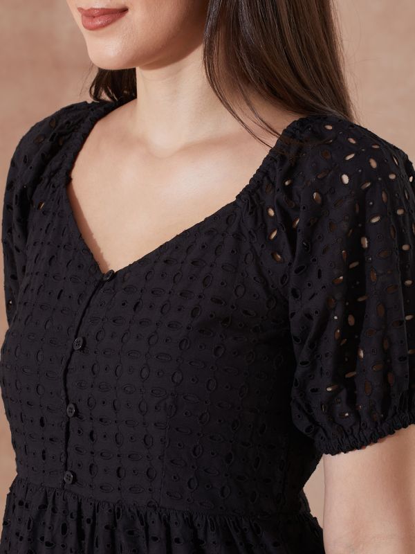 Globus Women Black Sweetheart Neck Puff Sleeves Self Design Schiffli Tiered A-Line Midi Resort Dress