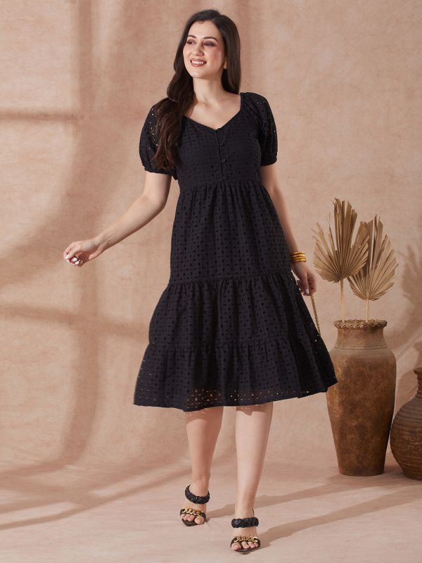 Globus Women Black Sweetheart Neck Puff Sleeves Self Design Schiffli Tiered A-Line Midi Resort Dress