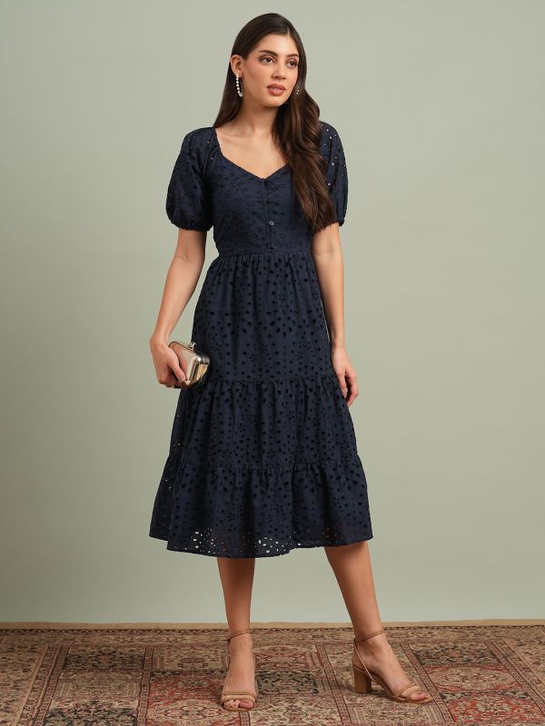Globus Women Navy Blue Sweetheart Neck Puff Sleeves Self Design Schiffli Tiered A-Line Midi Resort Dress