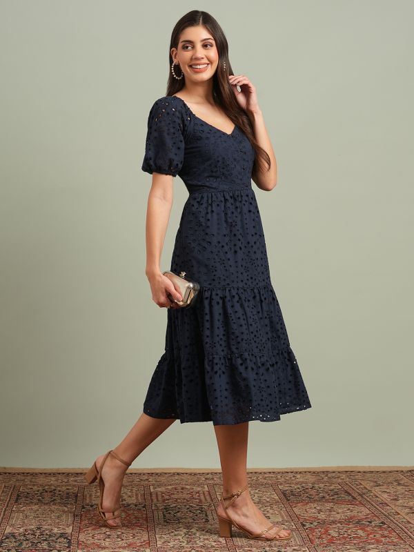 Globus Women Navy Blue Sweetheart Neck Puff Sleeves Self Design Schiffli Tiered A-Line Midi Resort Dress
