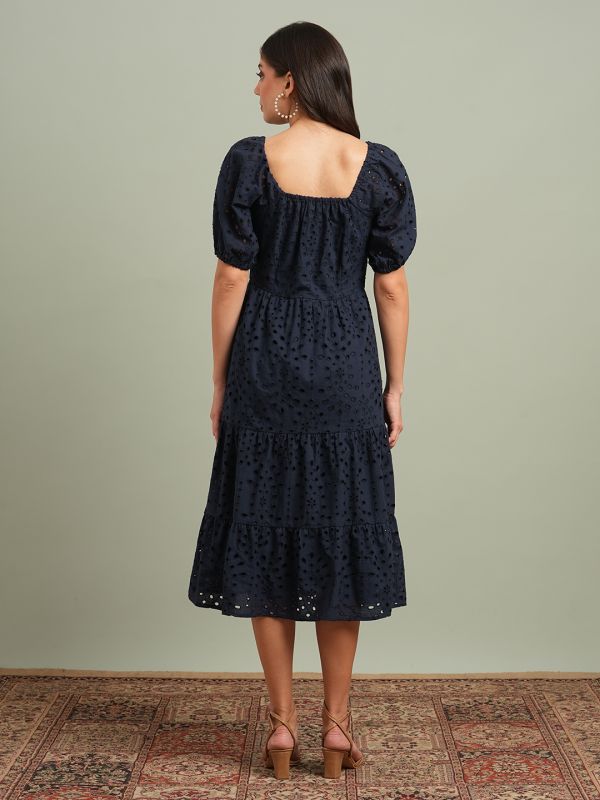 Globus Women Navy Blue Sweetheart Neck Puff Sleeves Self Design Schiffli Tiered A-Line Midi Resort Dress