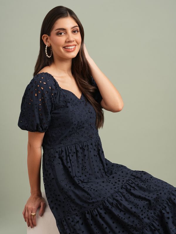 Globus Women Navy Blue Sweetheart Neck Puff Sleeves Self Design Schiffli Tiered A-Line Midi Resort Dress