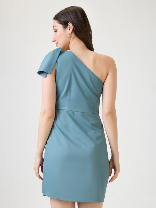 Globus Women Blue One Shoulder Bow Detail Sheath Mini Party Dress